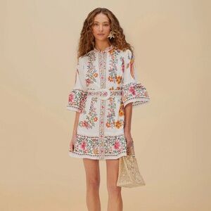 FARM Rio Off-White Delicate Forest Scarves Organic Cotton Mini Dress